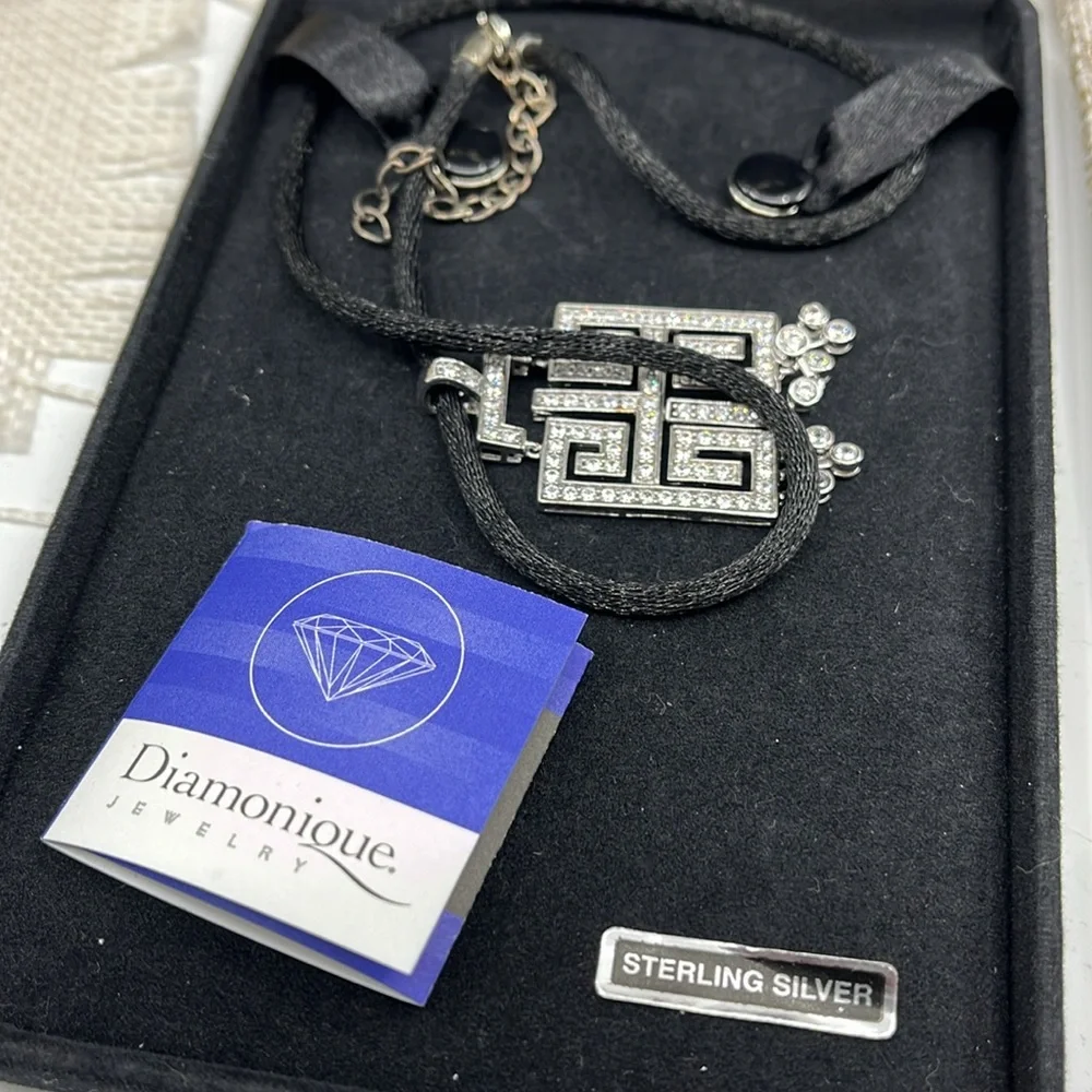 925 Diamonique QVC Geometric Statement Necklace w/ Black Adjustable Cord
